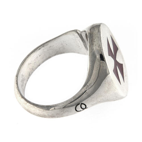 Adjustable unisex signet ring with burgundy Maltese cross, 925 silver, HOLYART Collection 5