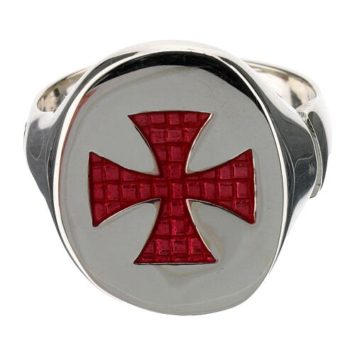 Adjustable unisex signet ring with burgundy Maltese cross, 925 silver, HOLYART Collection 5