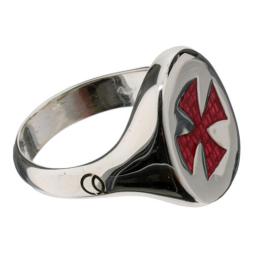 Adjustable unisex signet ring with burgundy Maltese cross, 925 silver, HOLYART Collection 6