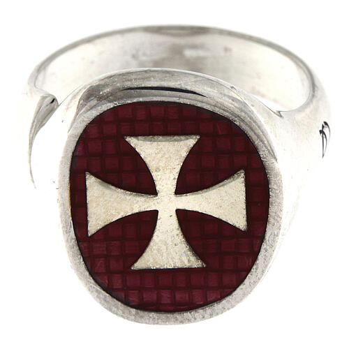 Verstellbarer HOLYART Collection Ring aus Silber 925 mit Malteserkreuz auf burgunderrotem Hintergrund 4