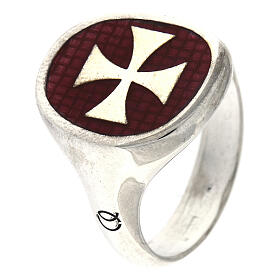 Adjustable signet ring with Maltese cross on burgundy enamel, 925 silver, HOLYART Collection