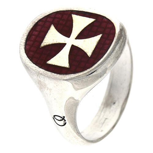Adjustable signet ring with Maltese cross on burgundy enamel, 925 silver, HOLYART Collection 1