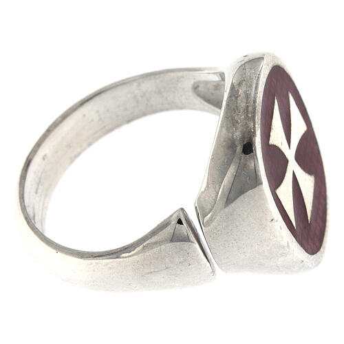 Adjustable signet ring with Maltese cross on burgundy enamel, 925 silver, HOLYART Collection 5