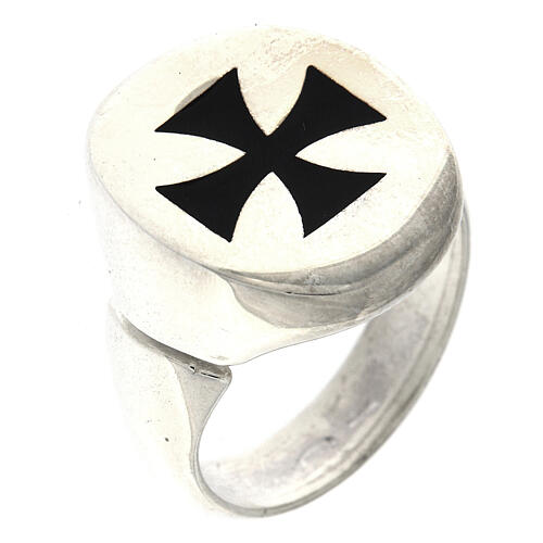 Adjustable signet ring with black Maltese cross, 925 silver, HOLYART Collection 1
