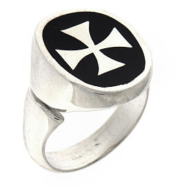 Adjustable signet ring with Maltese cross on black enamel, 925 silver, HOLYART Collection