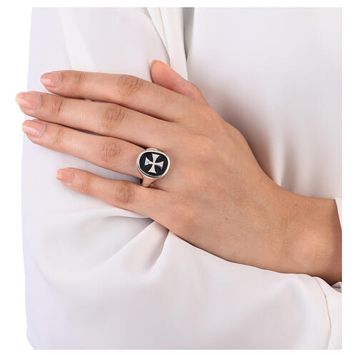 Adjustable unisex signet ring with Maltese cross on black enamel, 925 silver, HOLYART Collection 3
