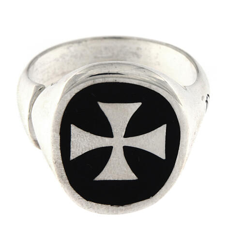 Adjustable unisex signet ring with Maltese cross on black enamel, 925 silver, HOLYART Collection 4