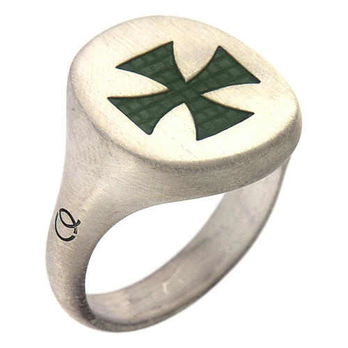 Adjustable unisex signet ring with green Maltese cross, mat 925 silver, HOLYART Collection 1