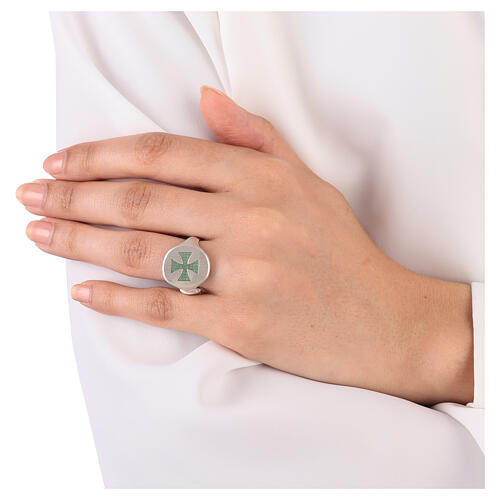 Adjustable unisex signet ring with green Maltese cross, mat 925 silver, HOLYART Collection 3