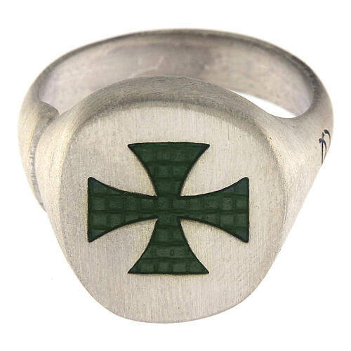 Adjustable unisex signet ring with green Maltese cross, mat 925 silver, HOLYART Collection 4