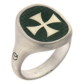 Unisex adjustable signet ring with Maltese cross on green enamel, mat 925 silver, HOLYART Collection