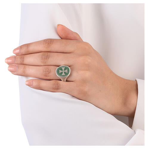 Unisex adjustable signet ring with Maltese cross on green enamel, mat 925 silver, HOLYART Collection 2
