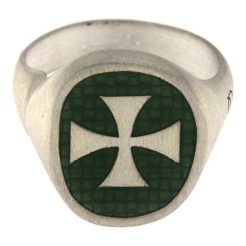 Unisex adjustable signet ring with Maltese cross on green enamel, mat 925 silver, HOLYART Collection 4