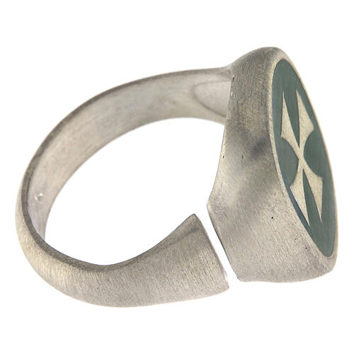 Unisex adjustable signet ring with Maltese cross on green enamel, mat 925 silver, HOLYART Collection 5