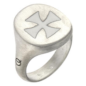 Adjustable signet ring with white Maltese cross, mat 925 silver, HOLYART Collection