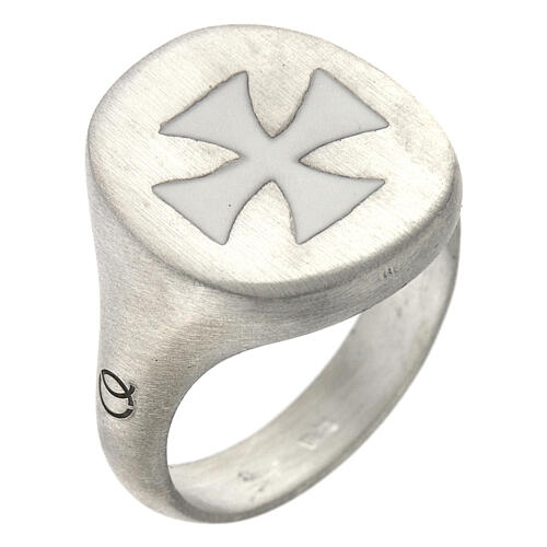 Adjustable unisex signet ring with white Maltese cross, mat 925 silver, HOLYART Collection 1