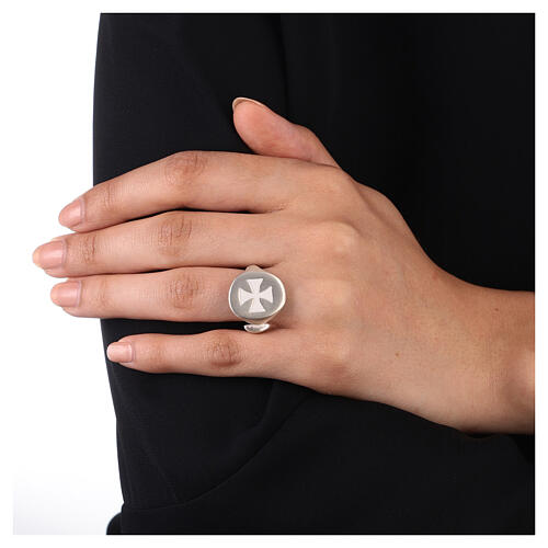 Adjustable unisex signet ring with white Maltese cross, mat 925 silver, HOLYART Collection 3