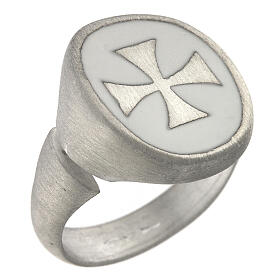 Adjustable unisex signet ring with Maltese cross on white enamel, mat 925 silver, HOLYART Collection