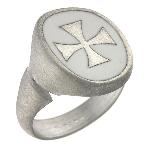 Adjustable unisex signet ring with Maltese cross on white enamel, mat 925 silver, HOLYART Collection 1