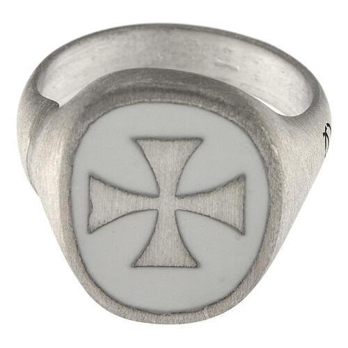Adjustable unisex signet ring with Maltese cross on white enamel, mat 925 silver, HOLYART Collection 4