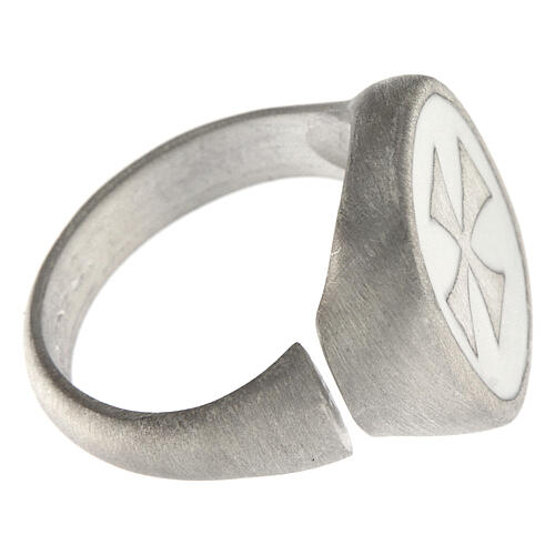 Adjustable unisex signet ring with Maltese cross on white enamel, mat 925 silver, HOLYART Collection 5