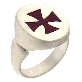 Adjustable signet ring with burgundy Maltese cross, mat 925 silver, HOLYART Collection