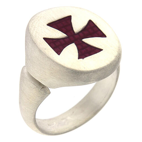 Adjustable unisex signet ring with burgundy Maltese cross, mat 925 silver, HOLYART Collection 1