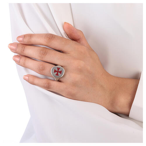 Adjustable unisex signet ring with burgundy Maltese cross, mat 925 silver, HOLYART Collection 2