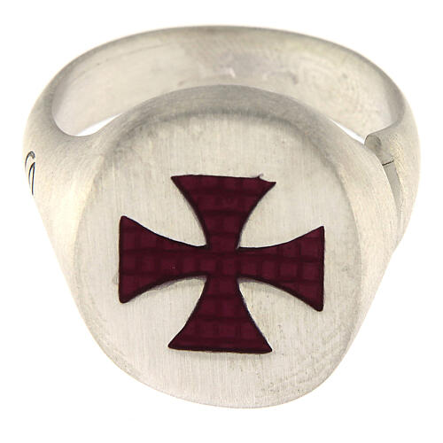 Adjustable unisex signet ring with burgundy Maltese cross, mat 925 silver, HOLYART Collection 4