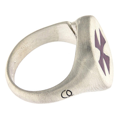 Adjustable unisex signet ring with burgundy Maltese cross, mat 925 silver, HOLYART Collection 5