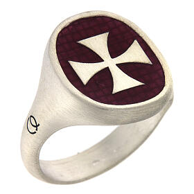 Adjustable signet ring with Maltese cross on burgundy enamel, mat 925 silver, HOLYART Collection