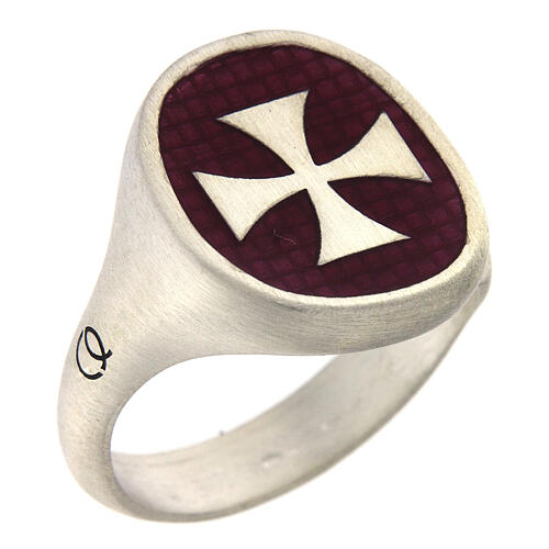 Adjustable unisex signet ring with Maltese cross on burgundy enamel, mat 925 silver, HOLYART Collection 1
