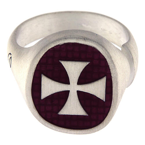 Adjustable unisex signet ring with Maltese cross on burgundy enamel, mat 925 silver, HOLYART Collection 4