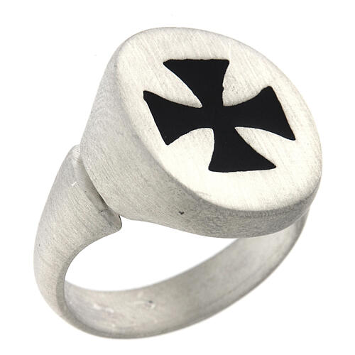 Adjustable unisex signet ring with black Maltese cross, mat 925 silver, HOLYART Collection 1