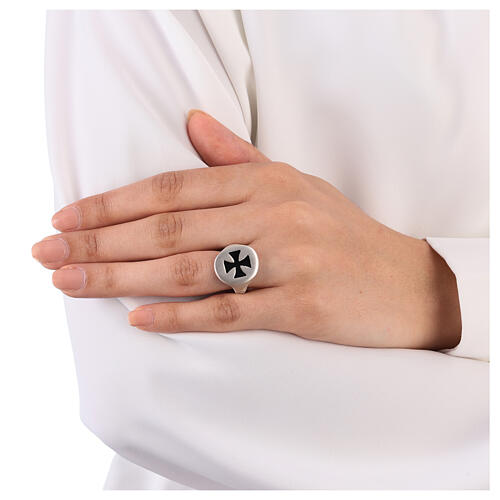 Adjustable unisex signet ring with black Maltese cross, mat 925 silver, HOLYART Collection 2