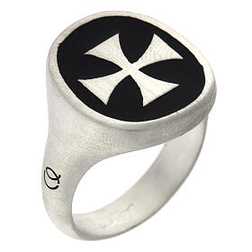 Adjustable unisex signet ring with Maltese cross on black enamel, mat 925 silver, HOLYART Collection