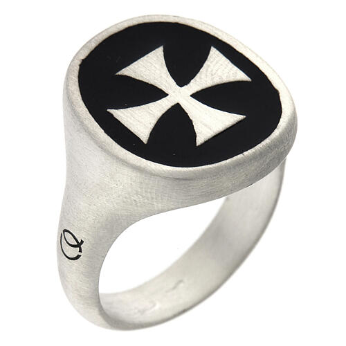 Adjustable unisex signet ring with Maltese cross on black enamel, mat 925 silver, HOLYART Collection 1