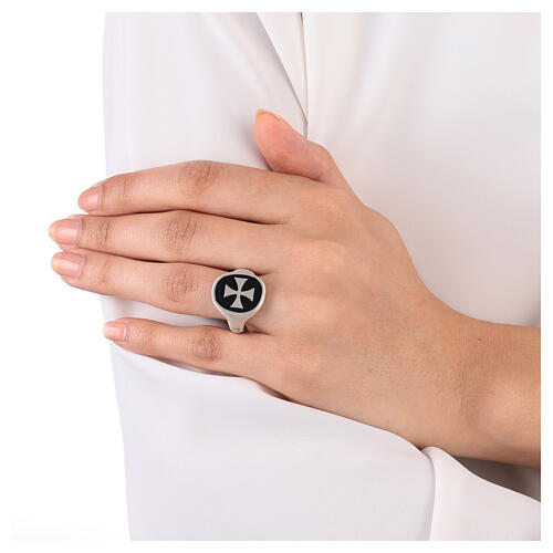 Adjustable unisex signet ring with Maltese cross on black enamel, mat 925 silver, HOLYART Collection 3