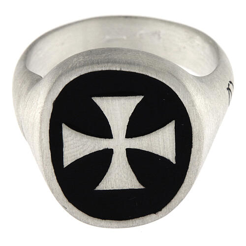 Adjustable unisex signet ring with Maltese cross on black enamel, mat 925 silver, HOLYART Collection 4