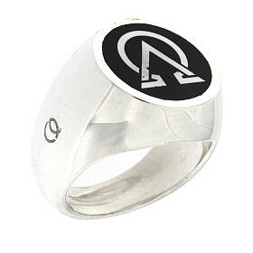 Unisex pinky ring, Alpha and Omega on black enamel, 925 silver, HOLYART Collection