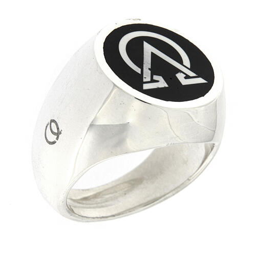 Unisex pinky ring, Alpha and Omega on black enamel, 925 silver, HOLYART Collection 1