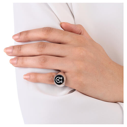Unisex pinky ring, Alpha and Omega on black enamel, 925 silver, HOLYART Collection 2