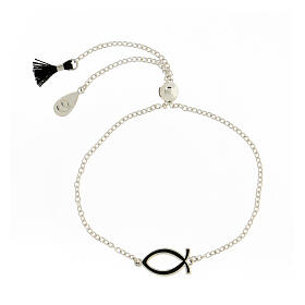 925 silver bracelet Christian fish black tassel adjustable HOLYART Collection