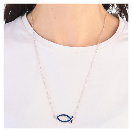 Scapular necklace 925 silver Christian fish dark blue adjustable HOLYART Collection 2