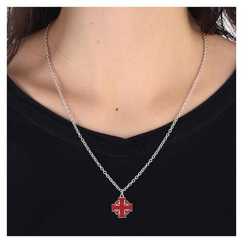 Naszyjnik łańcuszek krzyż Jerozolimski czerwony srebro 925 HOLYART Collection 2