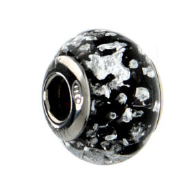 Black spotted bracelet bead in 925 silver Murano glass
