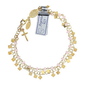 Pulseira dezena prata 925 dourada e cristal cor-de-rosa 2 mm