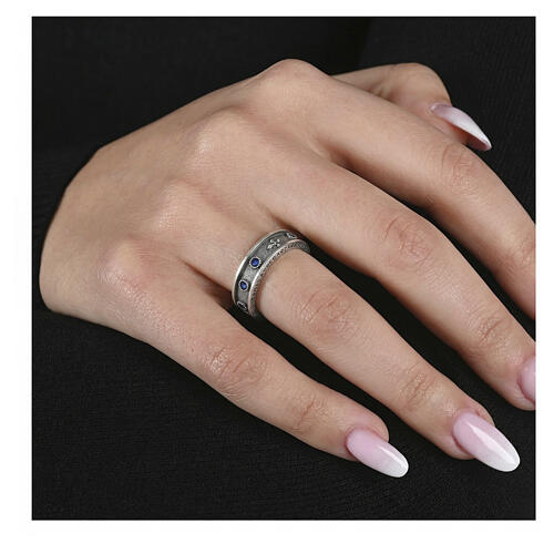 Anello Benedictus rodio rosario zirconi zaffiro argento 925  2