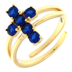 Agios ring with cross of blue rhinestones, gold plated 925 silver