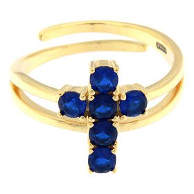 Anello dorato argento 925 Agios croce zirconi blu